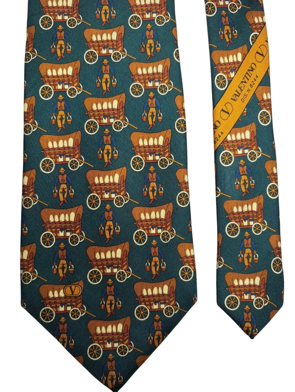 Valentino Cravatte Silk Green Covered Wagon Cowboy Novelty Made in Italy Tie